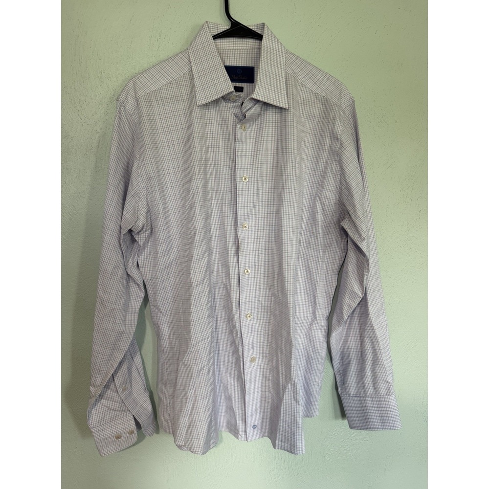 David Donahue Mens Trim Fit Dress Shirt 16.5 34/35 Micro Geometric Pattern